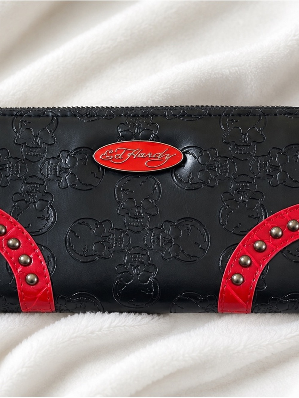 Ed Hardy Black Wallet with Red Logo Accent